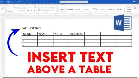 insert text above table in word mac