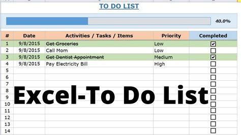 insert to do list in excel
