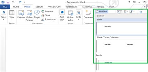 inserting header and footer in ms word