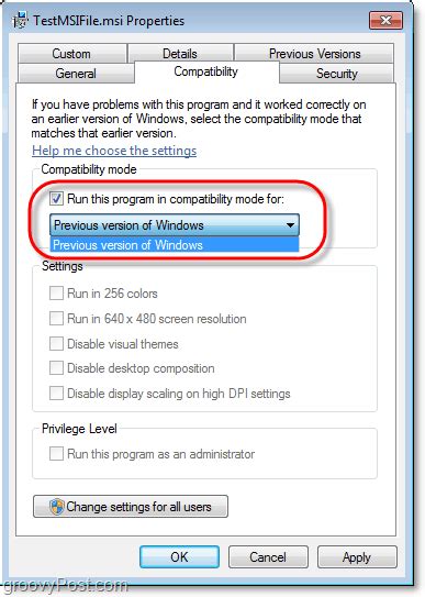 install program in windows 7 compatibility mode