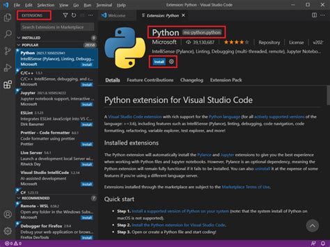 install python extension in visual studio code