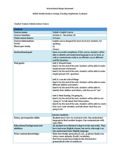 instructional design document sample