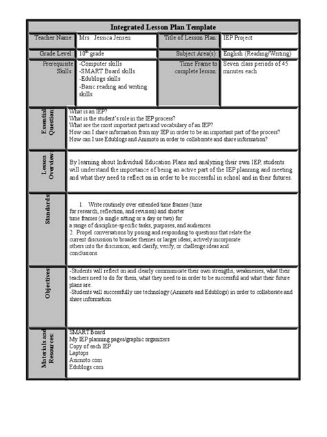 integrated lesson plan template