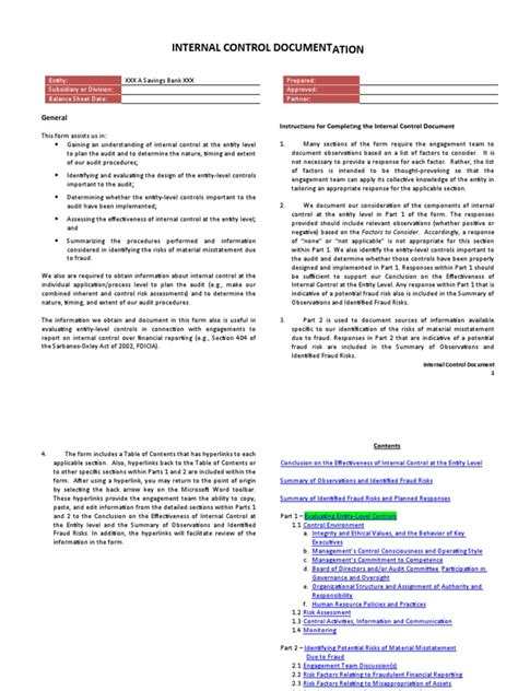 internal control documentation examples