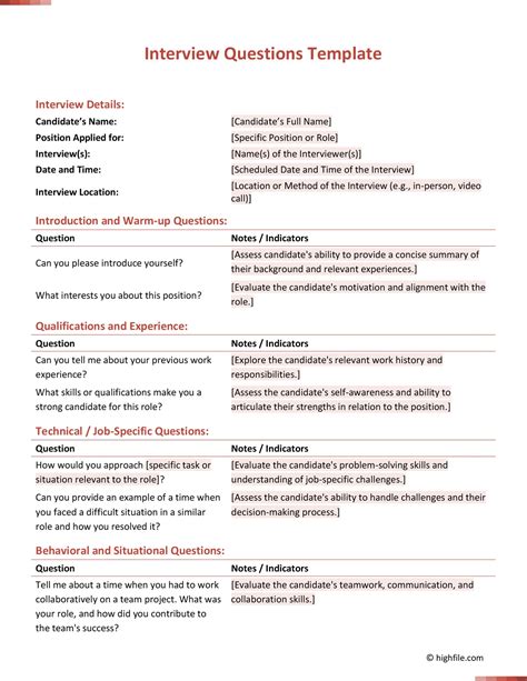 interview question template word
