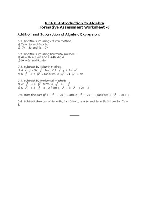 introduction to algebra class 6 worksheet pdf