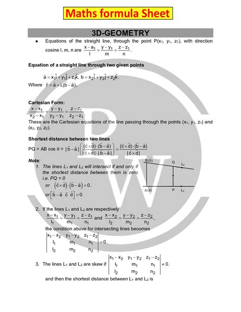 introduction to three dimensional geometry class 11 formula sheet