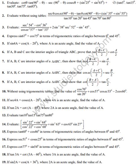 introduction to trigonometry class 10 sample questions