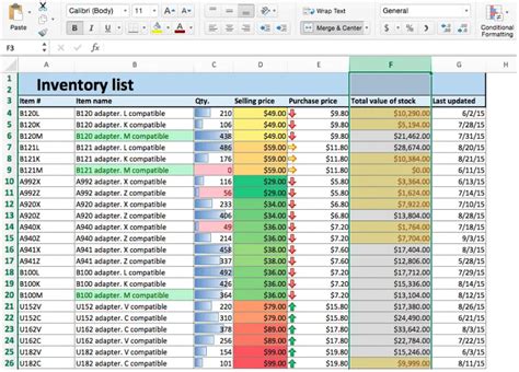 inventory format in excel with formula