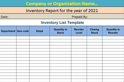 inventory list format in excel