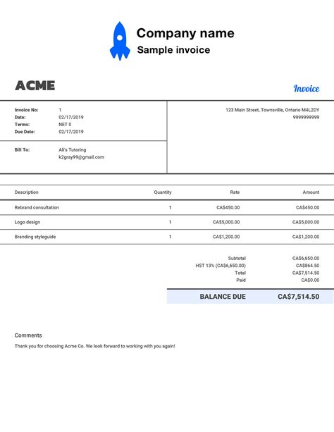 invoice format sample