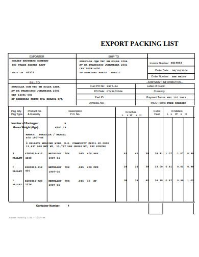 invoice packing list format for export