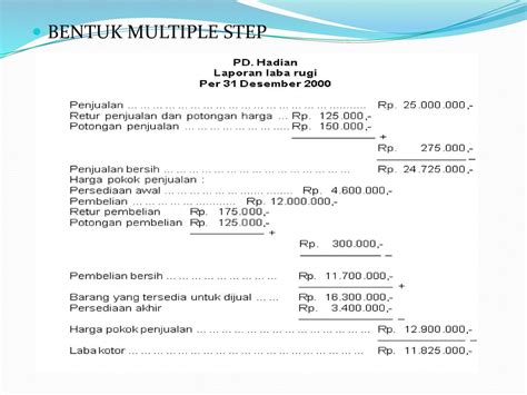 jelaskan perbedaan bentuk laporan laba rugi single step dan multiple step