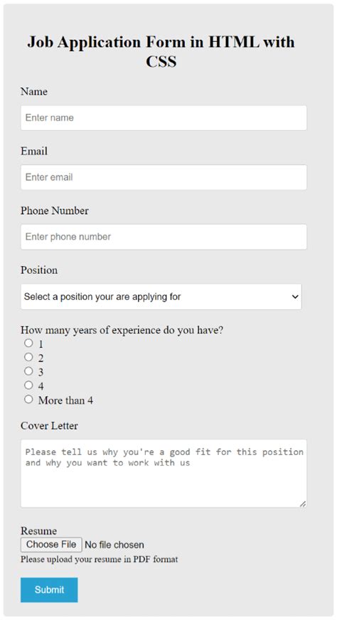 job application form html code free