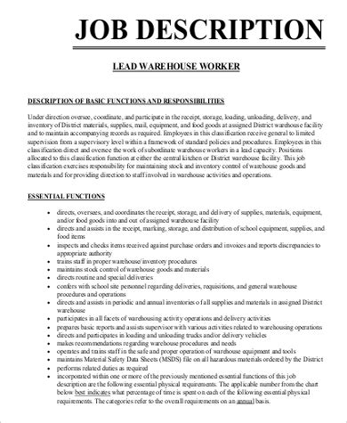 job description examples for warehouse worker