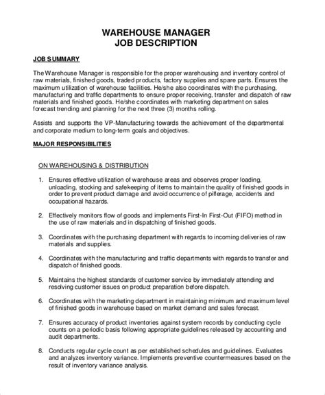 job description examples warehouse