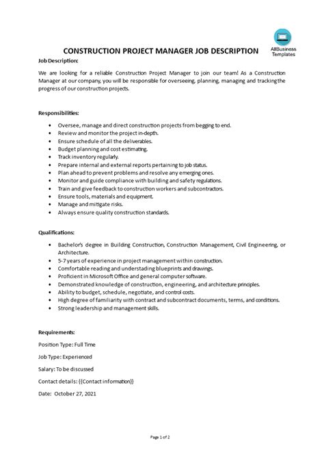 job description for a project manager in construction