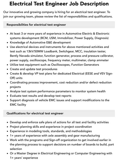 job description for electrical testing engineer