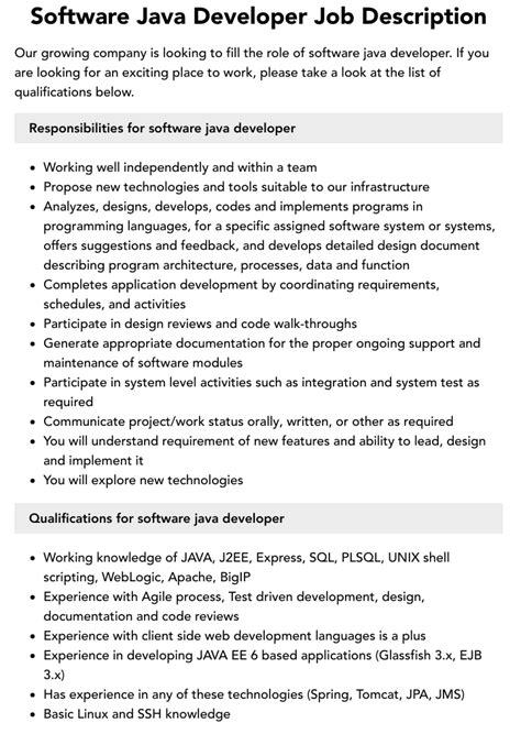 job description for java developer fresher