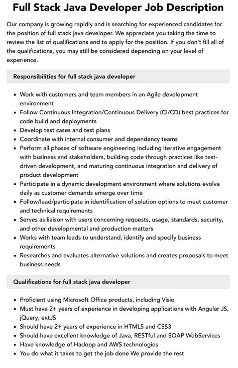 job description for java full stack developer