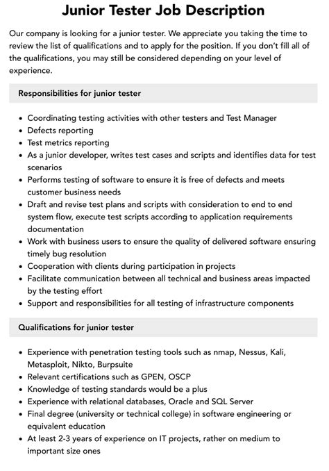 job description for junior software tester