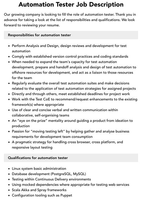 job description for manual and automation testing