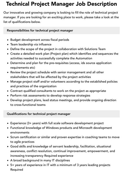 job description for program manager technical