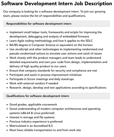 job description for software developer intern