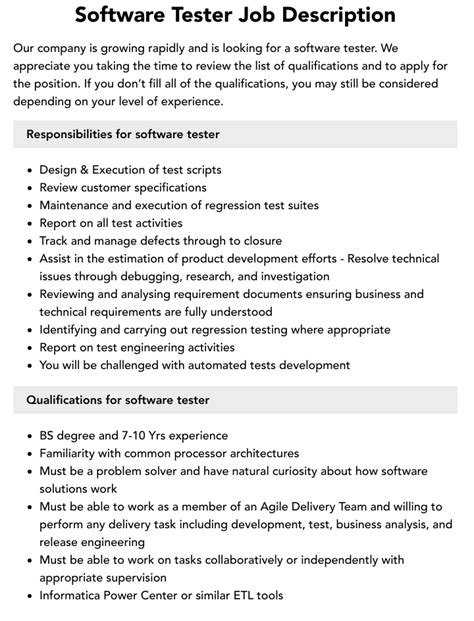 job description for software testing