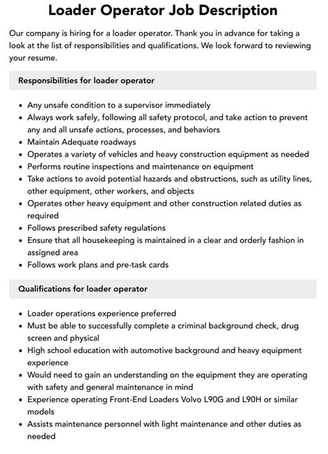 job description of loader operator