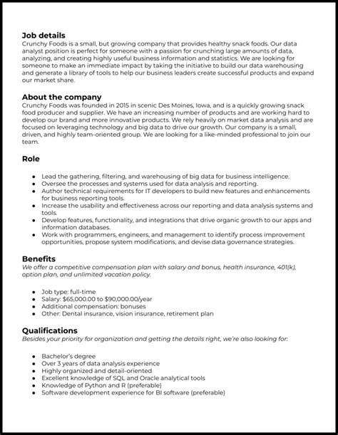 job summary for data analyst