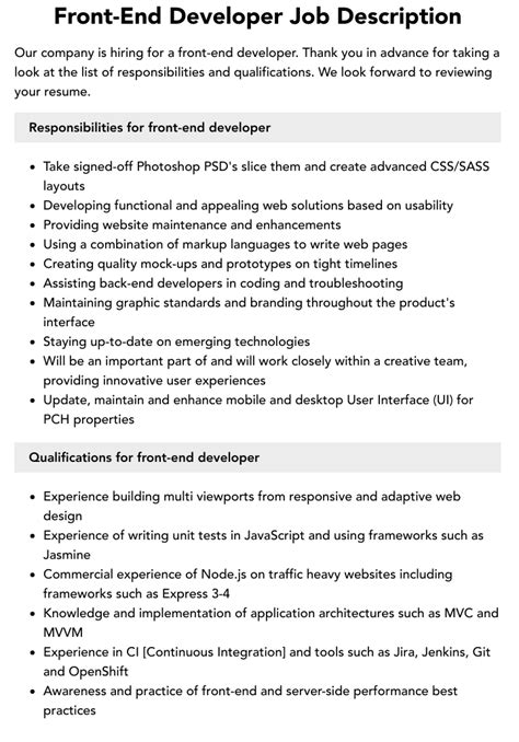 job summary for front end developer