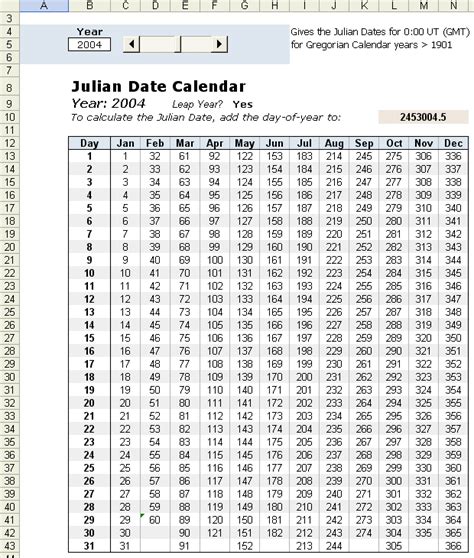 julian date calendar in excel