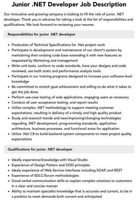 junior .net developer job description