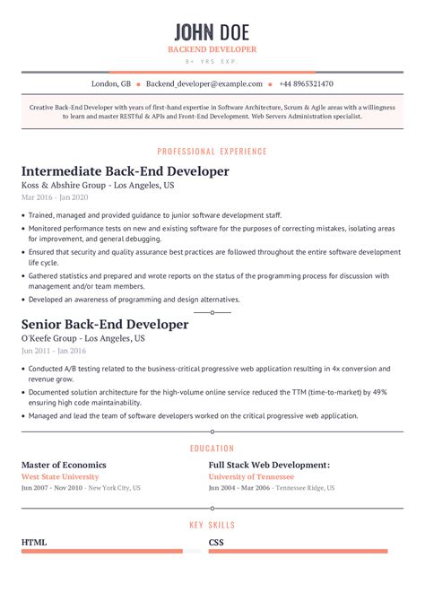 junior backend developer cv example