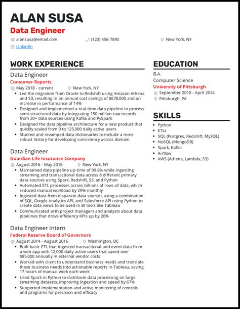 junior data engineer cv example