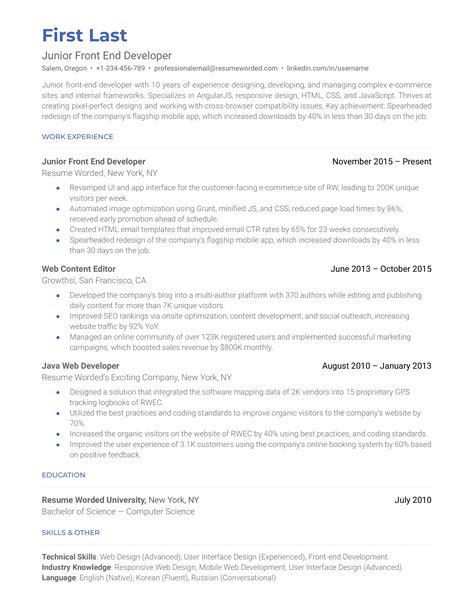 junior front end developer resume template