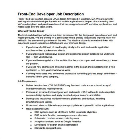 junior front end web developer job description