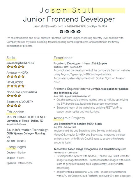 junior frontend developer cv example