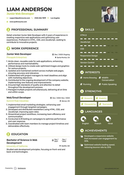 junior web developer cv example