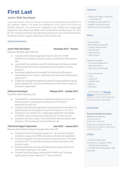 junior web developer resume example