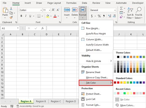 keyboard shortcut to change tab color in excel
