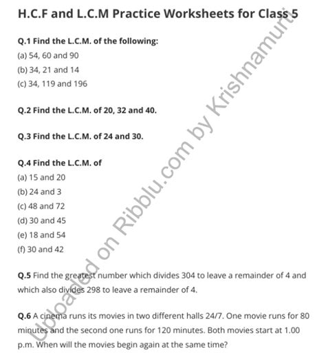 lcm questions with answers for class 5
