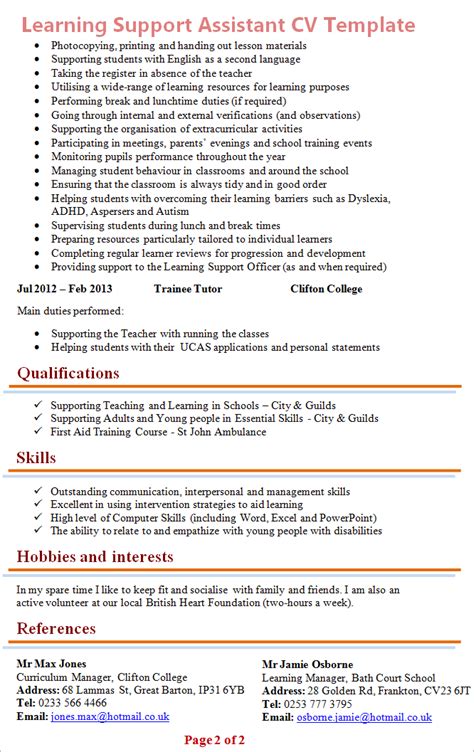 learning support assistant cv example