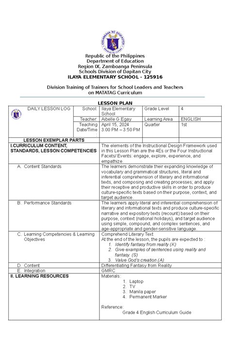 lesson plan format deped matatag