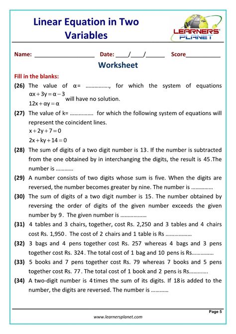 linear equation in two variables class 10th worksheet