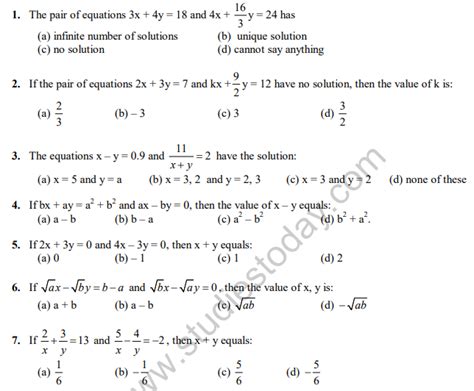 linear equations in two variables class 10 mcq pdf download