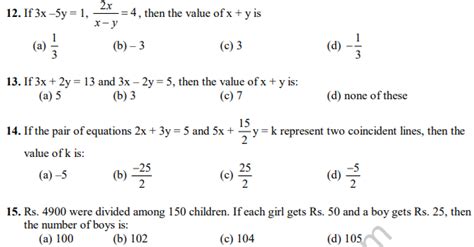 linear equations in two variables class 10 mcq test