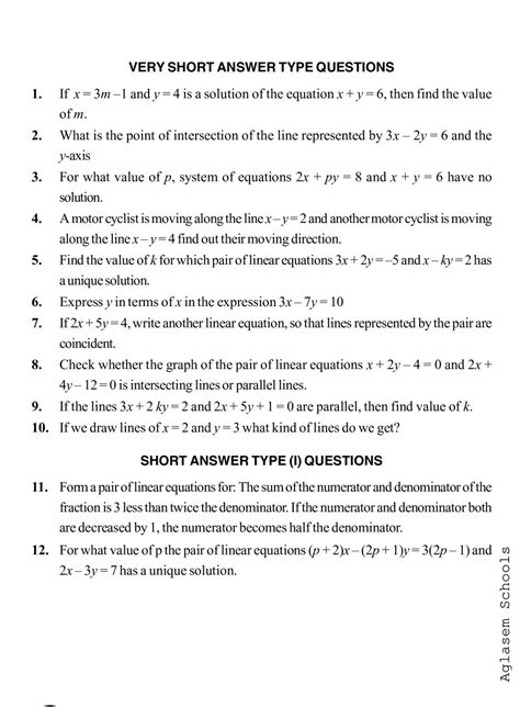 linear equations in two variables class 10 pyq pdf