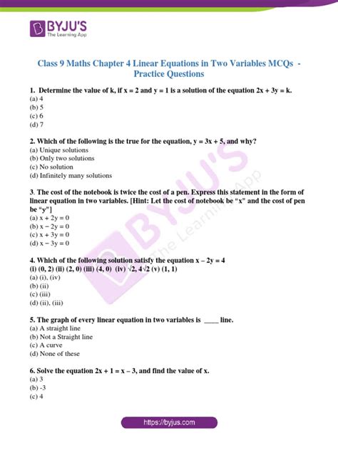 linear equations in two variables class 9 mcq pdf